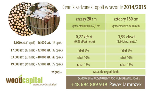 Cennik sadzonek topoli w sezonie 2014/2014